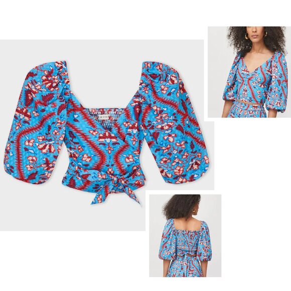 NEW RHODE IRIS WRAP-AROUND BLUE CROP TOP IN PLUMERIA SKY PRINT SIZE XL - Picture 1 of 5